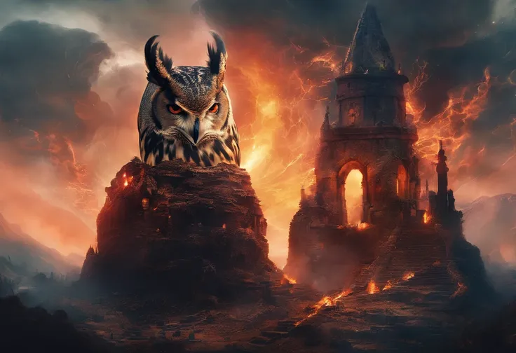 A doomsday scene，Super giant owls stand on the ruins of an ancient castle，Collapsed buildings，Rubble blocks，fire glow，dense smoke，waterface，inverted image，Sharp focus，Bokeh，depth of fields，Works of masters，super-fine，Hyper-realistic，8K，Best picture quality...