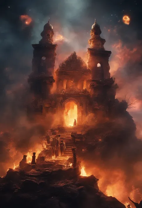 A doomsday scene，Huge owls stand on the ruins of the ancient castle，tosen，Collapsed buildings，Rubble blocks，fire glow，dense smoke，waterface，inverted image，Sharp focus，Bokeh，depth of fields，Works of masters，super-fine，Hyper-realistic，8K，Best picture quality...