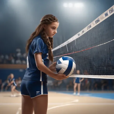 A photorealistic picture of a girl who plays volleyball. She has braided brown hair, her kit is dark blue with number 13 on it. She wears white shoes.