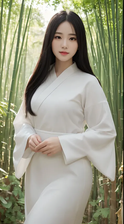 (Best quality,4K,A high resolution,Masterpiece:1.2),Realistic,White Hanfu,Long black hair,Beautiful detailed eyes,beautiful detailed lips,peaceful expression,Gentle smile,Hazy bamboo forest，ssmile,Semi-hidden paths,Dappled sunlight,tranquil ambiance,Tradit...