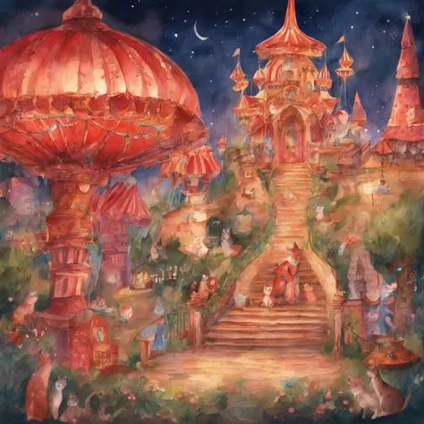 Cat amusement park　Fantastic atmosphere　Picture book illustrations　watercolor paiting　Overall, the color is strong red