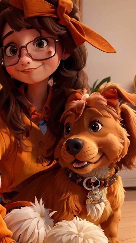 Menina de uns 30 anos , Glasses and orange blouse holding a female dog with a bow on her head