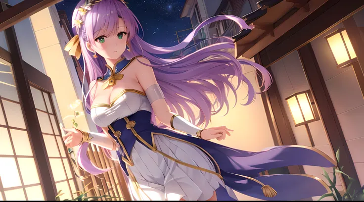 Athena with plain long light purple hair,hair between eyes,green eyes,rosy cheeks,full lips,thin eyebrows,slender body,wearing golden sailor moon uniform and full long skirt,cute anime girl,full body,balcony veranda,,night sky nebulae in background,anime s...