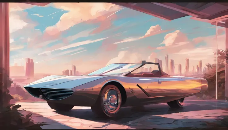 Convertible car parking before Ultra modern bungalow with marble stairs and glass walls in the style of Syd Mead, sunny evening with cumulus clouds, modern city in background, dramatic lightning, 1990