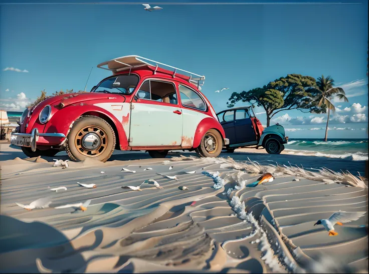 There is a "red and white" Volkswagen  FUSCA parked on the beach, Carrinha, vermelho!! areia, charrete, na areia, besouro, com rack de teto, foto do perfil, na praia, lots of "seagulls and birds flying",dia ensolarado ,Restomod, visual vintage, na praia, b...