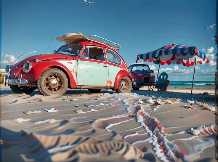 there is a "red and white" volkswagen  fusca parked on the beach, carrinha, vermelho!! areia, charrete, na areia, besouro, com r...