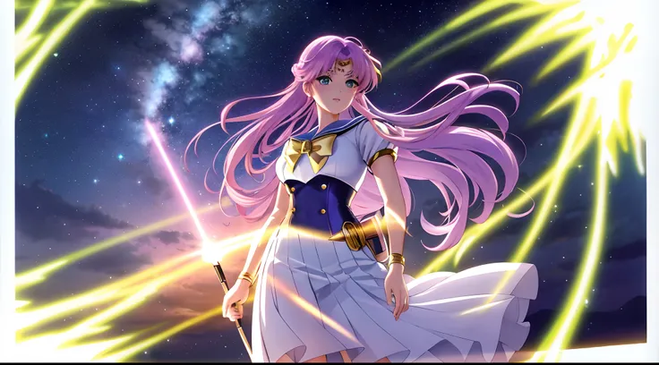 Athena with plain long light purple hair,hair between eyes,green eyes,rosy cheeks,full lips,thin eyebrows,slender body,wearing golden sailor moon uniform and full long skirt,cute anime girl,full body,waterfall,night sky nebulae in background,anime style,ex...