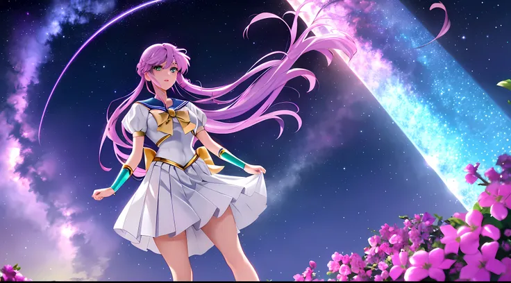 Athena with plain long light purple hair,hair between eyes,green eyes,rosy cheeks,full lips,thin eyebrows,slender body,wearing golden sailor moon uniform and full long skirt,cute anime girl,full body,waterfall,night sky nebulae in background,anime style,ex...