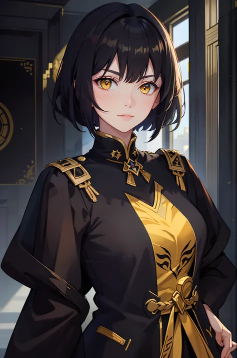 Portrait of a beautiful young woman, villain, yellow eyes, black short hair, square, black generals uniform, empire