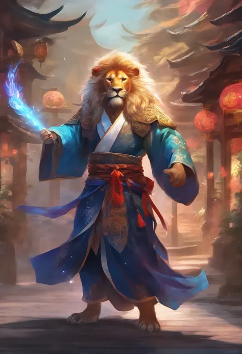 Lion beastman in kimono, in a fighting stance, in a street, to stand,