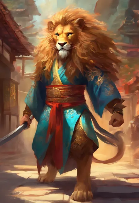 Lion beastman in kimono, in a fighting stance, in a street, to stand,