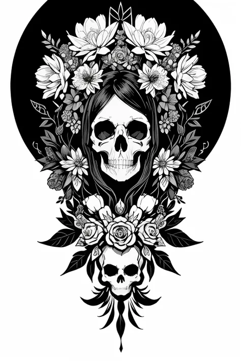 Produce a vertical illustration that features human skulls s in black and white, with a high level of detail and texture that gives a three-dimensional appearance. Intertwined with these skulls are dahlias and crocuses in full, vivid color. The composition...