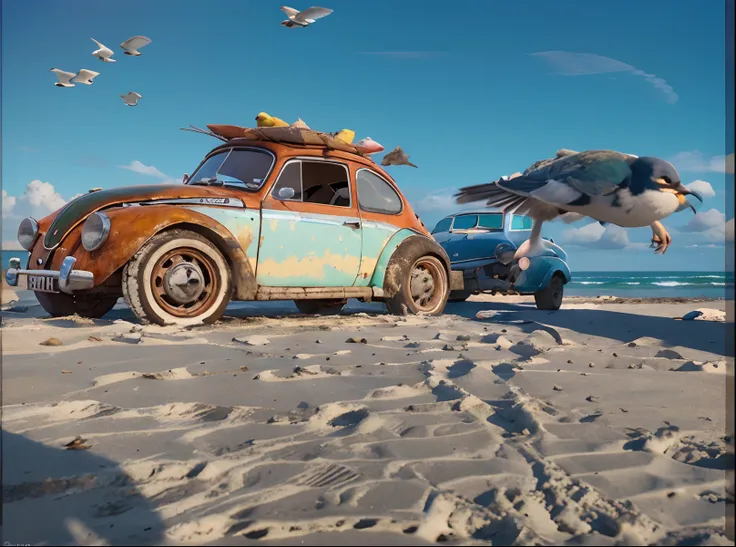 um fusca vermelho e branco em uma praia ,blue and sunny skies ,with many birds flying image in pixar 512k and 4d.detalhes ultra ...