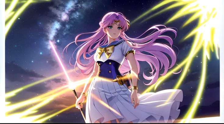 Athena with plain long light purple hair,hair between eyes,green eyes,rosy cheeks,full lips,thin eyebrows,slender body,wearing golden sailor moon uniform and full long skirt,cute anime girl,full body,waterfall,night sky nebulae in background,anime style,ex...