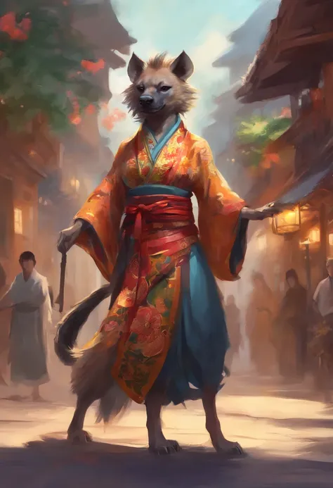 Hyena beastwoman in kimono, in a fighting stance, in a street, to stand,