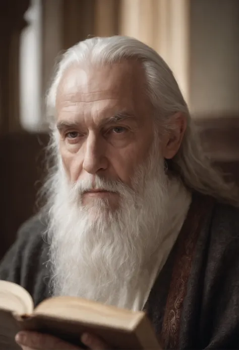 Hyper realistic, cinematic Face of a very old prophet with white long beard  holding an open book