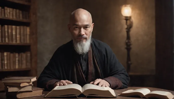 Create a surreal portrait of a man that transcends reality. His face is directed straight ahead, projecting an enigmatic and wise expression. He is bald, with distinct Asian features, radiating serenity, wisdom, and intelligence. Sporting a long beard, he ...