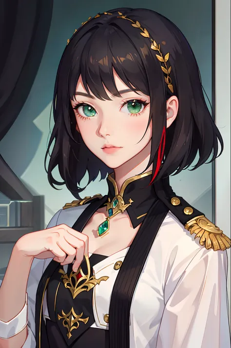 Portrait of a beautiful young woman, villain, green eyes, black short hair, square, black and red generals uniform, empire