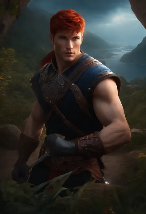 sexy man (masterpiece),(ultra detailed:1.1),(solo:1.2),(blue eyes:1.3),(short and vibrant red hair),(round face), smile,(black swordsman costume), (black gloves:1.1),(red nose:0.5),(beautiful ultra-detailed eyes, highly detailed skin, bright and glowing sk...