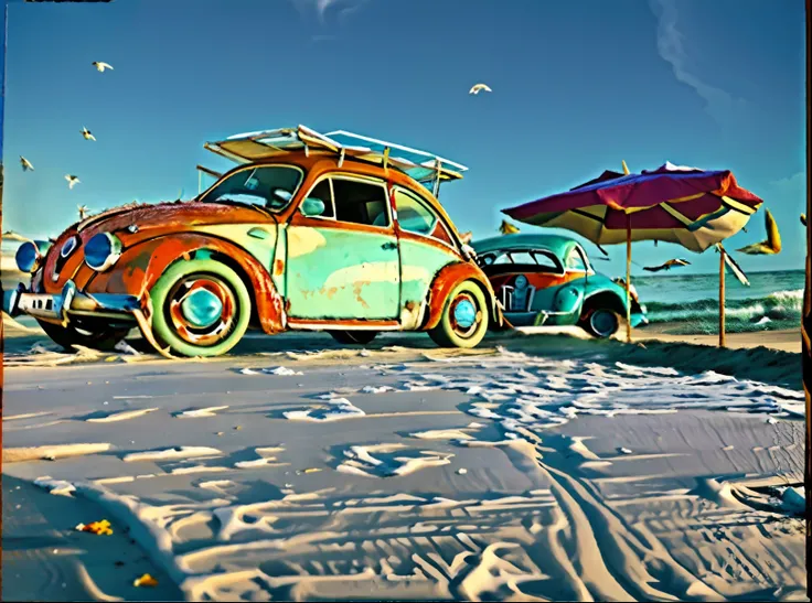 there is a "vermelho e branco" Volkswagen FUSCA estacionado na praia, (Carrinha, vermelhe branco)! areia, charrete, na areia, besouro, com rack de teto, foto do perfil, na praia, muitos "and birds flying,dia ensolarado ,Restomod, visual vintage, na praia, ...