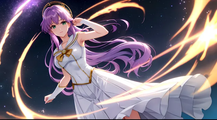 Athena with plain long light purple hair,hair between eyes,green eyes,rosy cheeks,full lips,thin eyebrows,slender body,wearing golden sailor moon uniform and full long skirt,cute anime girl,full body,big planets,night sky nebulae in background,anime style,...