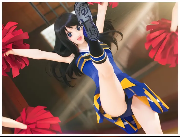 Cute Japanese, black hair, red glowing eyes, cheerleader, left legs up, both hands up, blue uniform, yellow strips, cute