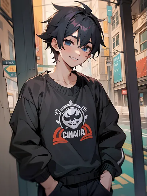 Anime,adolescente masculino,cabelo preto,olhos castanhos,olhar triste,pullover,Black Techwear Pants,sorriso,,Cilia,Pose with your hands in your pocket,tela de fundo:cidade escura,a noite,chovendo