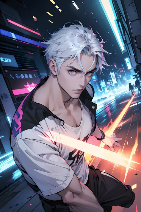 (absurdres, highres, ultra detailed, anime style), 1boy, adult, handsome, tall muscular guy, broad shoulders, finely detailed eyes and face, silver hair, short hair, hair between eyes, dark brown eyes, holographic, triad guy, white tank top, portrait, inte...