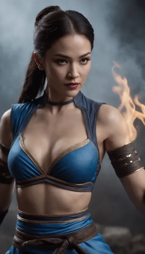 ((Kitana of the Mortal Kombat, Ultra realistic)), (((full body))), ((perfect feet)), stunning, hyper realistic, octan render, surrounded by the effect of smoke and lightning, Mortal Kombat Style, Antique Background, Elegant, Stunning, (Wallpaper), Concept ...