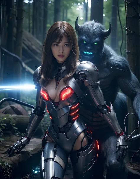 (1 Mechanical Girl)、top-quality、​masterpiece、超A high resolution、(Photorealsitic:1.4)、Raw photo、女の子1人、Fight mutants、glowy skin、(((1 Mechanical Girl)))、With a beautiful knife、（Red Metal Bodysuit）、(Fight goblings、ogre、Fierce battle with orcs),（Fight fiercely ...