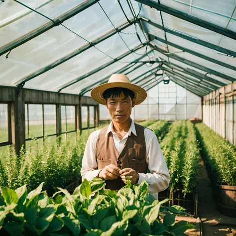 Photorealistic, rural, farmhouse, Chinese, Asian, male, 50s, 60s, farmer, poverty, straw hat, greenhouse,looking down