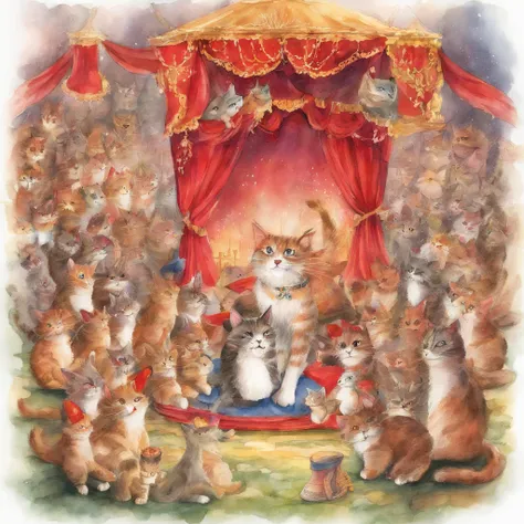 Cat Concert　Fantastic atmosphere　Picture book illustrations　watercolor paiting　Overall, the color is strong red