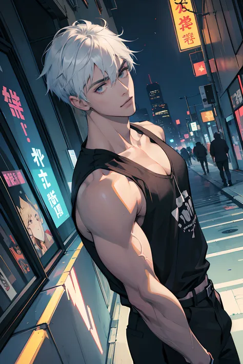 (absurdres, highres, ultra detailed, anime style), 1boy, adult, handsome, tall muscular guy, broad shoulders, finely detailed eyes and face, silver hair, short hair, hair between eyes, dark brown eyes, holographic, triad guy, white tank top, portrait, inte...