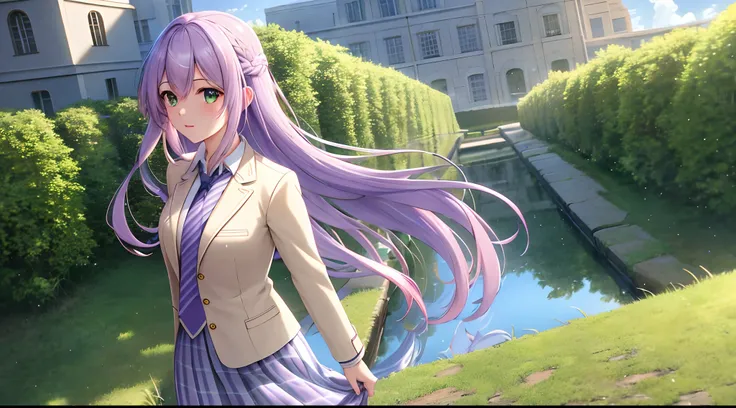 Athena with plain long light purple hair,hair between eyes,green eyes,rosy cheeks,full lips,thin eyebrows,slender body,wearing school coat necktie and full long skirt,cute anime girl,full body,village cobblestones in background,anime style,extremely deep d...