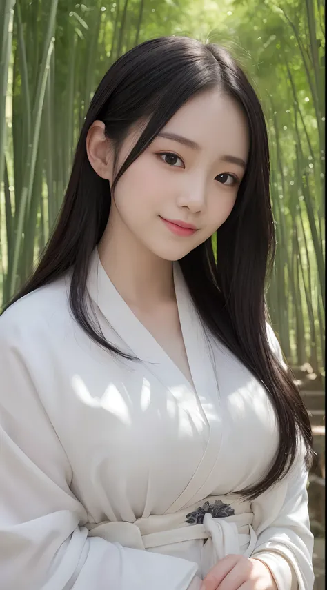 (Best quality,4K,A high resolution,Masterpiece:1.2),Realistic,White Hanfu,Long black hair,Beautiful detailed eyes,beautiful detailed lips,peaceful expression,gently smiling，In the hazy bamboo forest，ssmile,Semi-hidden paths,Dappled sunlight,tranquil ambian...