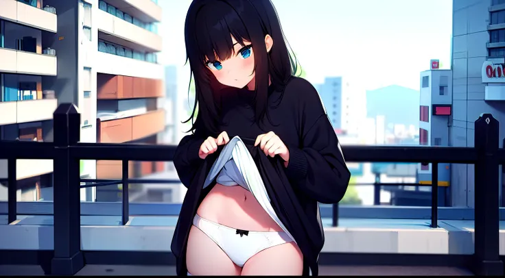 1girll,urban backdrop,Black sweatshirt,，short  skirt，Long black hair，nudegirl，Random color stockings，skirt lift by yourself, White underwear, Cute white panties,spread, Carmelto of underwear