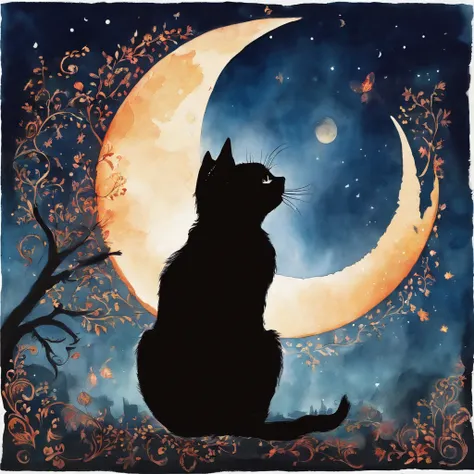 Silhouette Cat Concert with a large moon in the background on the roof　Fantastic atmosphere　Picture book illustrations　watercolor paiting　Overall, the color is strong red