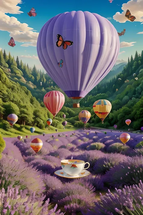 inside a glass bottle, in a surrealism painting, a (giant teacup) stands amidst a (lavender forest), pouring a torrent of (color...