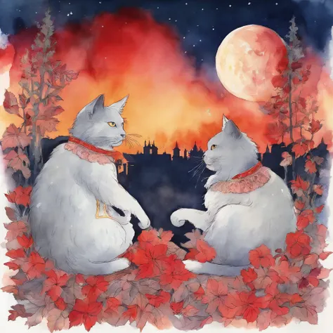 Silhouette three Cat Concert with a large fullmoon in the background on the roof　Fantastic atmosphere　Picture book illustrations　watercolor paiting　Overall, the color is strong red