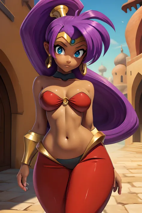 girl half-jin shantae, purple hair, beautiful cute face, innocent, charming, embarrassed expression, facing the camera, dark-ski...