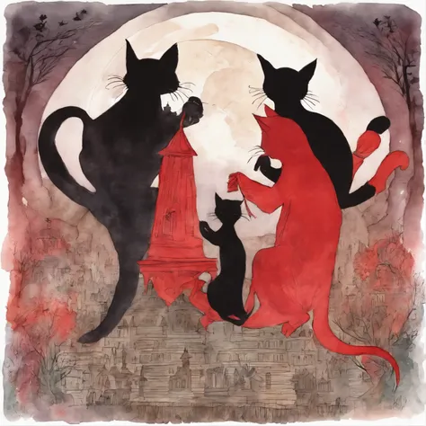 Silhouette three Cat Concert with a large fullmoon in the background on the roof　Fantastic atmosphere　Picture book illustrations　watercolor paiting　Overall, the color is strong red