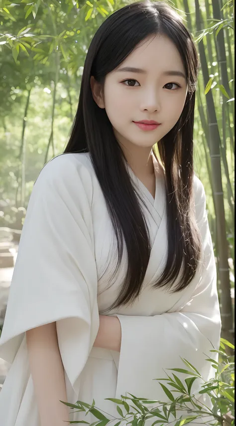 (Best quality,4K,A high resolution,Masterpiece:1.2),Realistic,White Hanfu,Long black hair,Beautiful detailed eyes,beautiful detailed lips,peaceful expression,gently smiling，In the hazy bamboo forest，ssmile,Semi-hidden paths,Dappled sunlight,tranquil ambian...