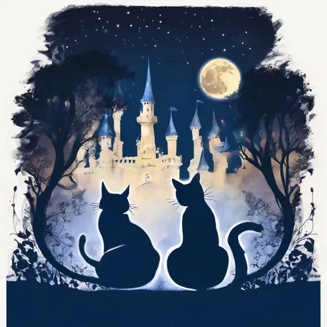 Silhouette three Cat Concert with a large fullmoon in the background on the roof　Fantastic atmosphere　Picture book illustrations　watercolor paiting　Overall, the color is strong dark blue