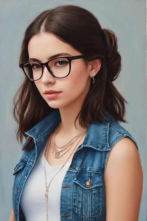 portrait painting of (wills:0.99), solo, 1 girl with glasses , high detail, high quality, Wearing a black military tank top with a denim jacket and layered necklaces.,unique hairstyle, masterpiece, (art by CFStyle:1.3)