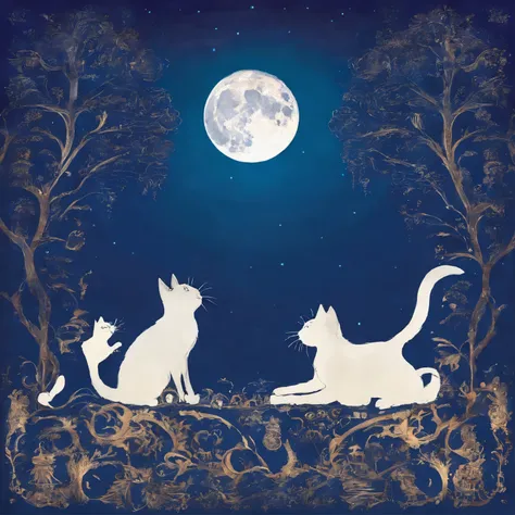 Silhouette three Cat Concert with a large fullmoon in the background on the roof　Fantastic atmosphere　Picture book illustrations　watercolor paiting　Overall, the color is strong dark blue