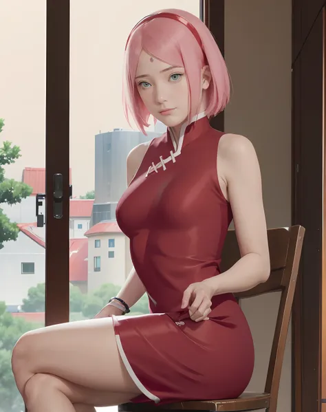 Sakura Uchiha.  a woman.  was sitting in a room.  he appeared to be sitting on a wooden chair.  by crossing his legs.  he wore a red ceongsam.  that looks so tight.  making the curves of her body trace.  Her breasts look so big and round.  she has short pi...