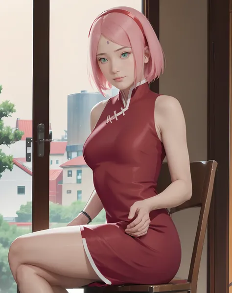 Sakura Uchiha.  a woman.  was sitting in a room.  he appeared to be sitting on a wooden chair.  by crossing his legs.  he wore a red ceongsam.  that looks so tight.  making the curves of her body trace.  Her breasts look so big and round.  she has short pi...