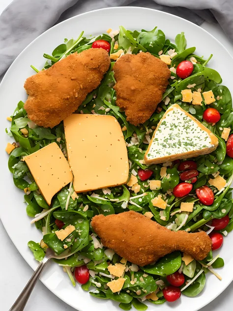 Extremely detailed image of a plate on a kitchen bench. On the plate is a crumbed chicken fillet and side salad. Inside the fillet is melted cheese and ham