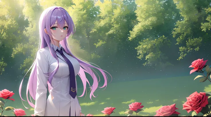 Athena with plain long light purple hair,hair between eyes,green eyes,rosy cheeks,full lips,thin eyebrows,slender body,wearing school coat necktie and full long skirt,cute anime girl,full body,red roses field in background,anime style,extremely deep depth ...