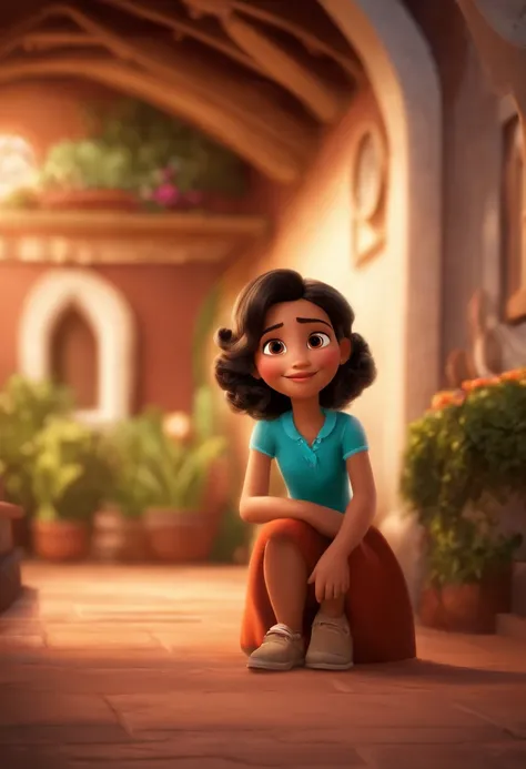 Um filme inspirado na Disney Pixar (menina morena com 10 ano, cabelos negros e compridos, pele branca, olhos grande e negros, outra menina, cabelos loiros, pele branca, 8 anos, olhos castanhos e sorridente) dentro A cena estar na arte distinta do estilo PI...